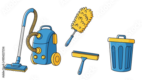 Collection of cleaning tools including a vacuum cleaner, duster, squeegee, and trash can.