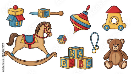 Collection of Classic Childrens Toys - Rocking Horse, Spinning Top, Blocks, and Teddy Bear.