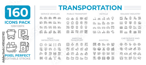 Transportation line icons set collection. Road service. System of passengers and cargoes carrying mega pack of linear pictograms, pixel perfect. Isolated vector illustrations. Editable stroke