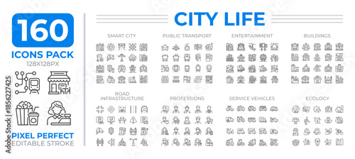 City life line icons set collection. Lifestyle in urban areas. Dynamic environment for social interaction mega pack of linear pictograms, pixel perfect. Isolated vector illustrations. Editable stroke
