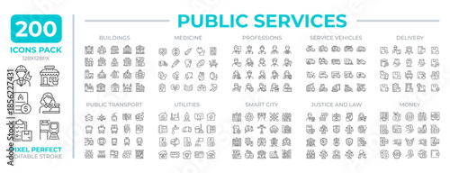 Public services line icons set collection. Meeting community needs. Ensuring social welfare industry mega pack of linear pictograms, pixel perfect. Isolated vector illustrations. Editable stroke