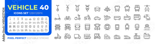 Vehicles pixel perfect line icons big set. Machines designed to transport people and cargoes. Driving cars iconset outline pictograms. Isolated linear vector illustrations. Editable stroke