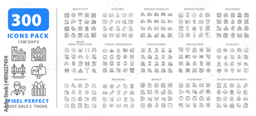 Smart city line icons set collection. Urban management strategy. Innovative solutions for town areas mega pack of linear pictograms, pixel perfect. Isolated vector illustrations. Editable stroke