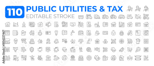 Public utilities and tax line icons big set. Financial system. Significant source of funding for government services iconset outline pictograms. Isolated linear vector illustrations. Editable stroke
