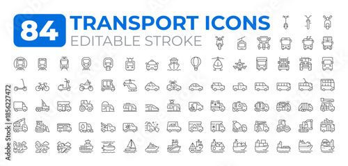 Transportation line icons big set. Passenger vehicles. Cargo delivery service. Road infrastructure development iconset outline pictograms. Isolated linear vector illustrations. Editable stroke