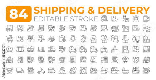 Shipping and delivery line icons big set. Freight transportation industry. Cargo distribution service maintenance iconset outline pictograms. Isolated linear vector illustrations. Editable stroke
