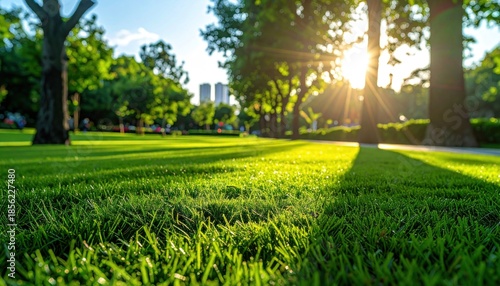Vibrant Green Grass and Sunlight in a Serene Park Landscape.