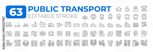 Public transport line icons big set. Passenger vehicle service. Shared mobility system. Traffic regulation iconset outline pictograms. Isolated linear vector illustrations. Editable stroke
