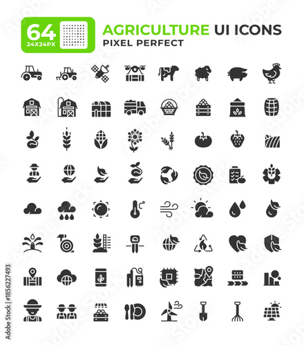 Agriculture colorful glyph ui icons set. Livestock animals, ecology preservation. Weather forecast. Black solid symbols vector iconset. User interface flat elements collection, pixel perfect