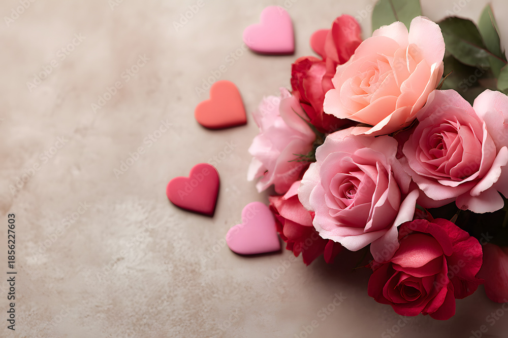 Fototapeta premium Flower composition with rose bouquet and hearts with copy space for your text, mock up for Valentines day.