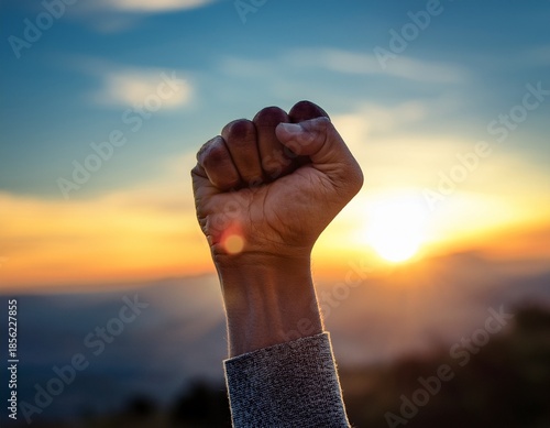 power hand the clenched fist a symbol of strength determination and defiance raised high against a backdrop of nothingness conveying feelings of power resilience and conviction