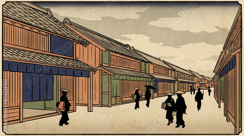 江戸時代の長屋と往来を描いた浮世絵風イラスト。庶民が暮らした密集住宅と通りの風景から、人口集中が進んだ江戸の都市構造と日常生活の様子を象徴的に表現している。歴史解説や教育用途に適した作品。