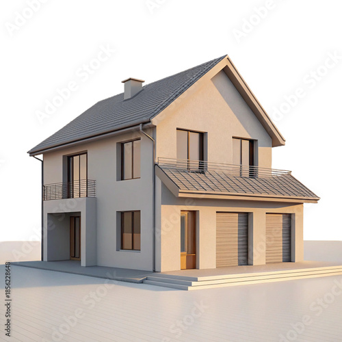A large beige house with a gray roof and a garage on a transparent background