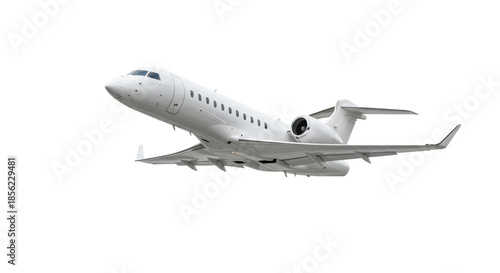 A sleek, modern, transparent private jet in graceful ascent against a pure, transparent background with copy space, concept of luxury air travel