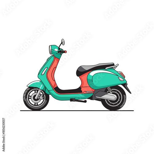 Stylized mint green retro scooter illustration with side profile and shadow.