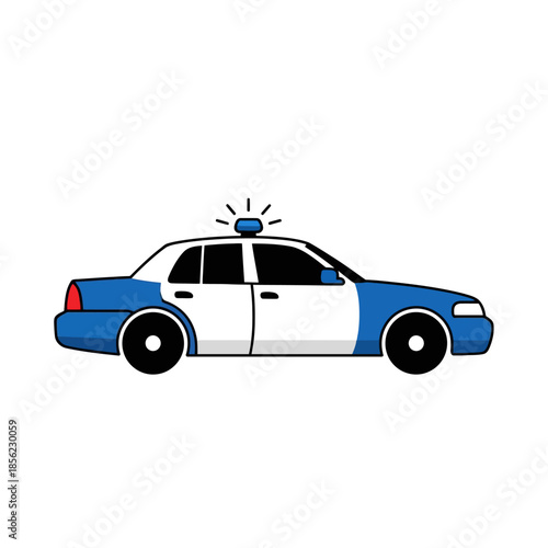 Illustration of a blue and white police patrol car with siren and lightbar.