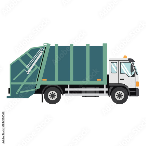 Illustration of a green municipal garbage truck for urban waste collection and recycling service.