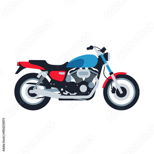 Flat vector illustration of a classic blue and red motorcycle.