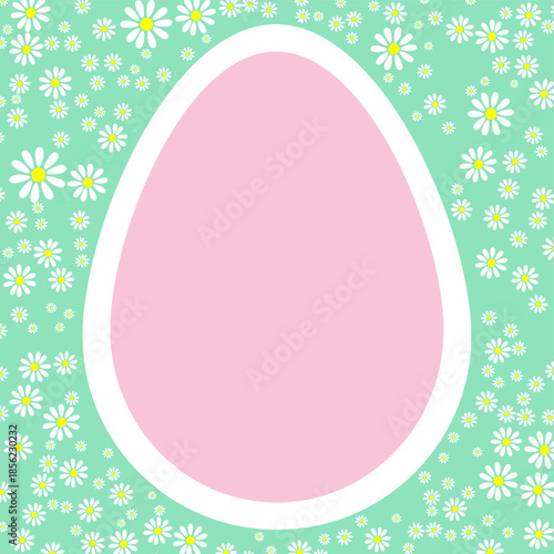 Spring floral frame featuring a large pink egg silhouette for text, surrounded by white daisies on a mint green background.