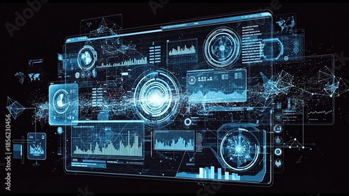 Wallpaper Mural A futuristic digital dashboard with various graphs and charts in blue hues on a black background. Perfect for technology, presentations, and infographics. Torontodigital.ca