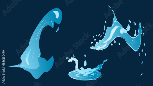 Dynamic liquid water splash with falling droplet, crashing sea wave and swirling eddies. For advertising web design or marketing visuals. Vector illustration.