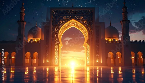 Evening View of an Illuminated Mosque with Golden Arches and Starry Sky Background