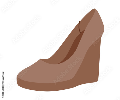 Brown wedge pump women flat shoe. Closed toe dress footwear for office, dinner, day night outfit, wardrobe. Technical fashion illustration, CAD mockup, smooth vector men unisex isolated elegant style.