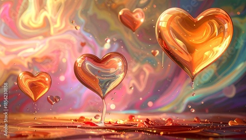 Floating Heart Shaped Metallic Balloons Against Abstract Swirling Multicolored Background