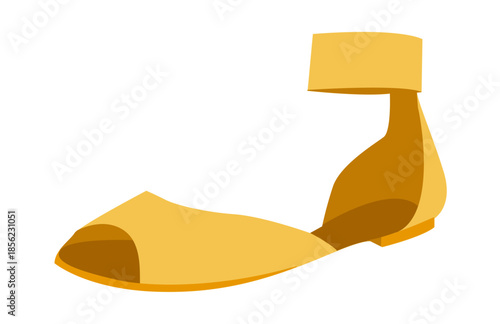 Yellow ankle strap sandal shoe women flat. Closed heel flat sandal for warm weather outfit chic wardrobe. Technical fashion illustration CAD mockup smooth vector man unisex isolated trendy style.