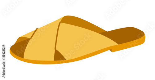 Yellow slide sandal shoe women flat. Cross strap open toe sandal for sunny holiday outfit bright wardrobe. Technical fashion illustration CAD mockup smooth vector man unisex isolated trendy style.