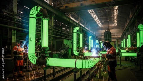 Future Energy Construction - Workers Welding H2 Gas Pipes in Renewable Energy Plant