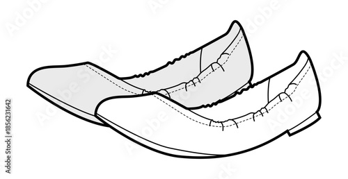 Pointed ballet flat shoe women sketch pair. Ruched edge pointed toe footwear for everyday city outfit feminine look. Technical fashion illustration CAD mockup detailed vector man unisex isolated 