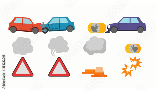 Car accident insurance and emergency response flat vector illustration set