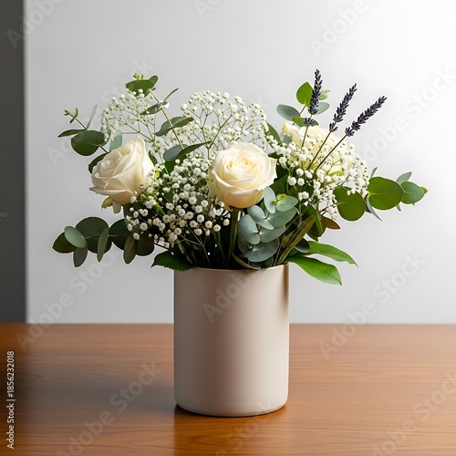 Elegant bouquet of roses with baby's breath in a ceramic vase on wooden table