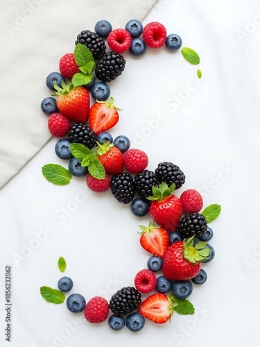 Elegant display of forest fruits with fresh mint leaves on white surface