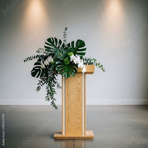 Elegant flora arrangement with monstera leaves on wooden lectern stage