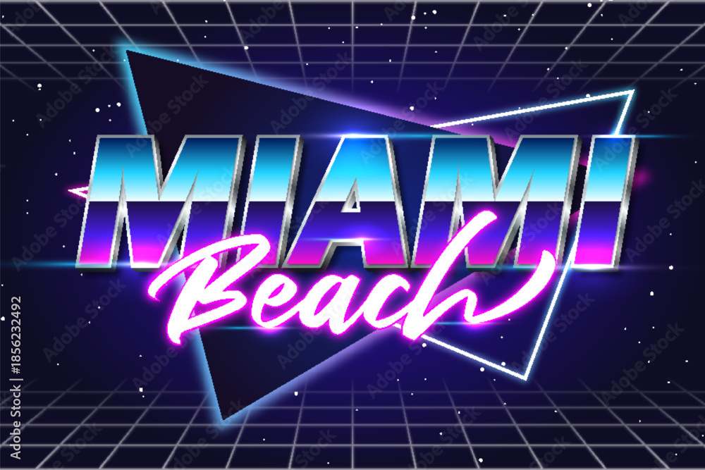 Obraz premium miami beach retrowave synthwave typography lettering editable text effect font style template design