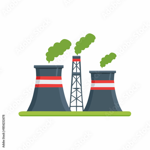 Industrial Factory Emissions with Towers and Green Smoke Vector Graphic Illustration, Environment Pollution Concept, Minimalistic Design