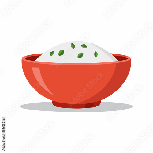 Rice in a bowl cartoon illustration with herb garnish Asian cuisine simplified food bowl healthy cooking food