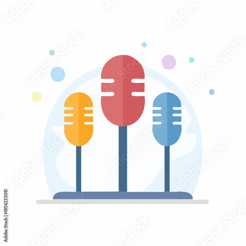 Colorful vintage style microphone illustration for audio recordings and broadcasting equipment