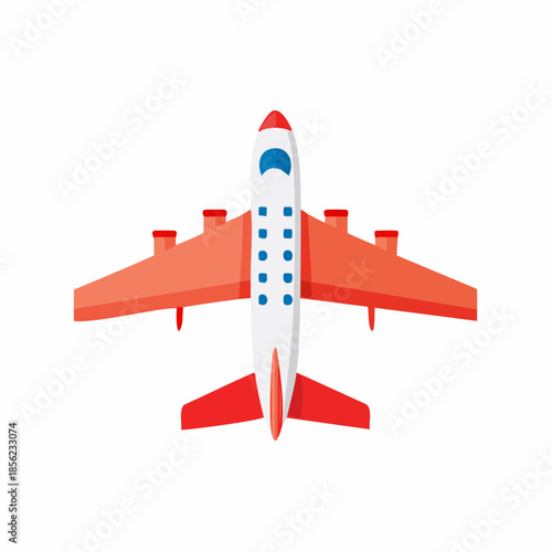 Aerial View of a Commercial Airplane with Red Wings Ready for Flight. The Plane is White with Red Detailing, a Transport Aviation Vector