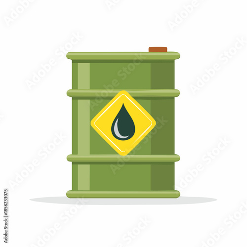 Olive green barrel with black oil drop. Oil drum. Fuel can with a hazard label. Oil industry. Gasoline container. Liquid storage.