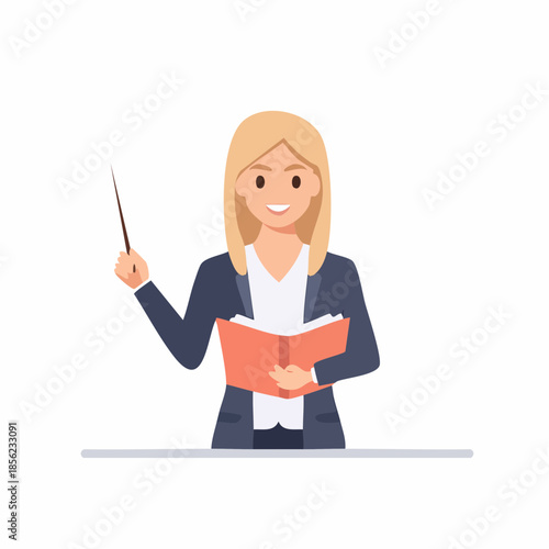 Smiling woman holding book and pointer for educational presentation with business attire