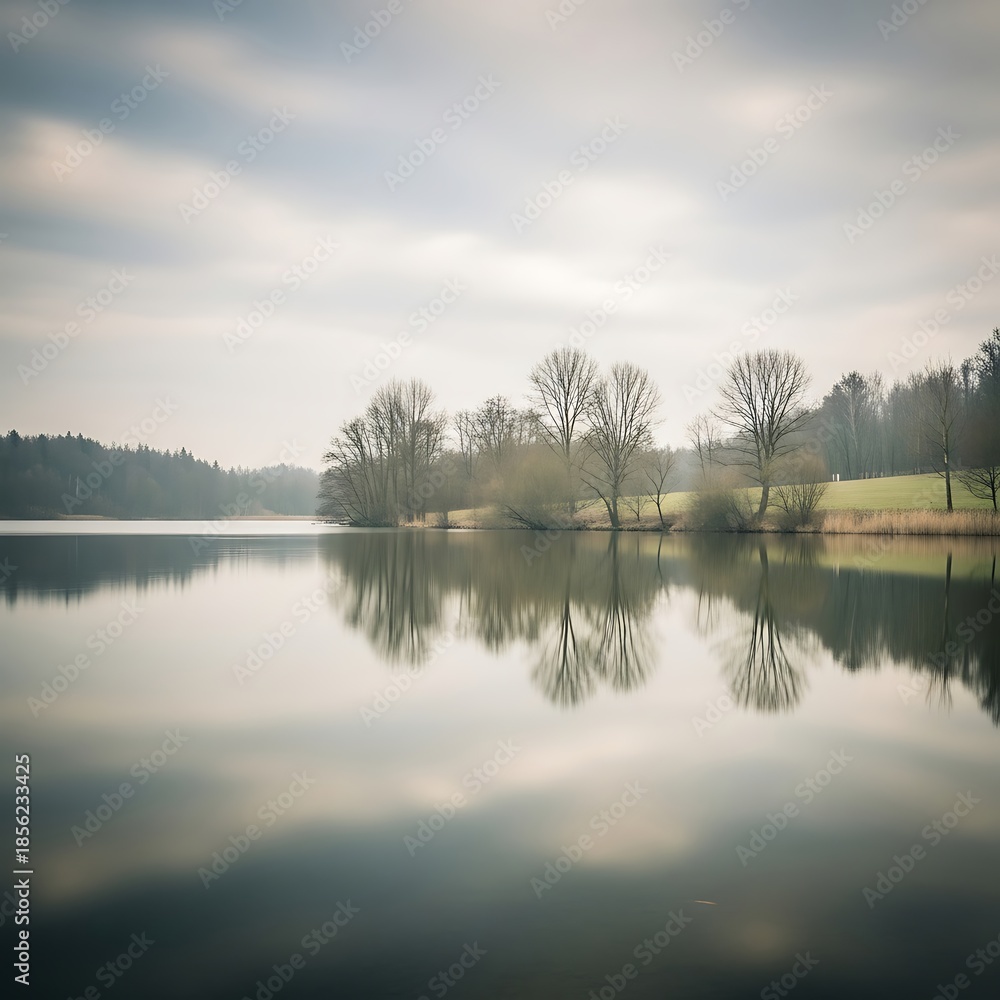 Obraz premium A captivating and serene reflection of trees in a misty lake setting