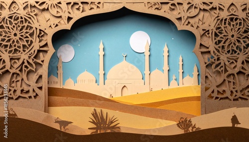 Paper Cutout Silhouette of a Mosque with Arched Frame and Desert Landscape Under a Starry Sky
