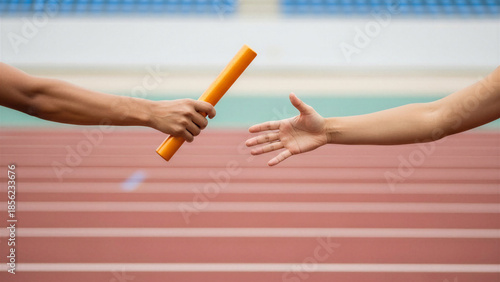 Relay race baton exchange on track between two athletes