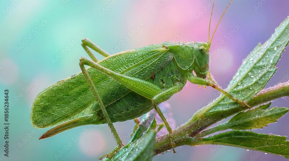 Fototapeta premium Green katydid resting on leaf in natural habitat