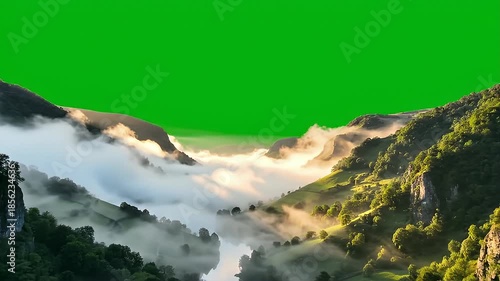 Misty Mountain Landscape with Green Screen.