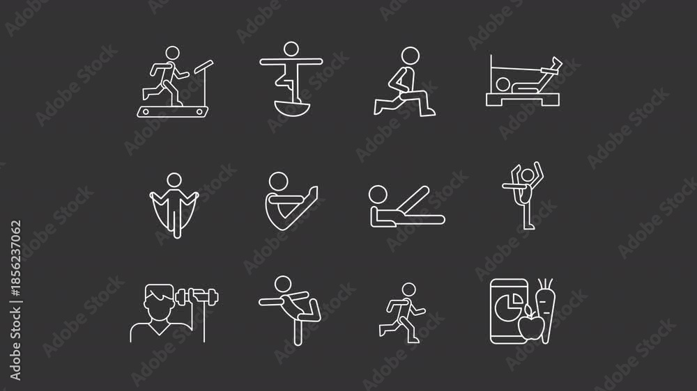 Animated online fitness white line icons. Regular sports trainings for ...