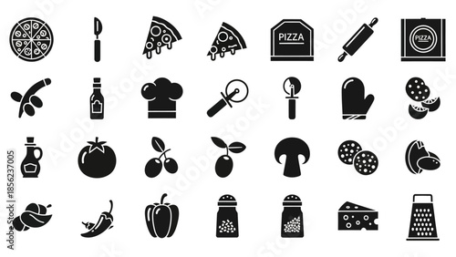 Collection of pizza icons, ingredients, and cooking tools in black and white silhouette style, perfect for culinary designs.